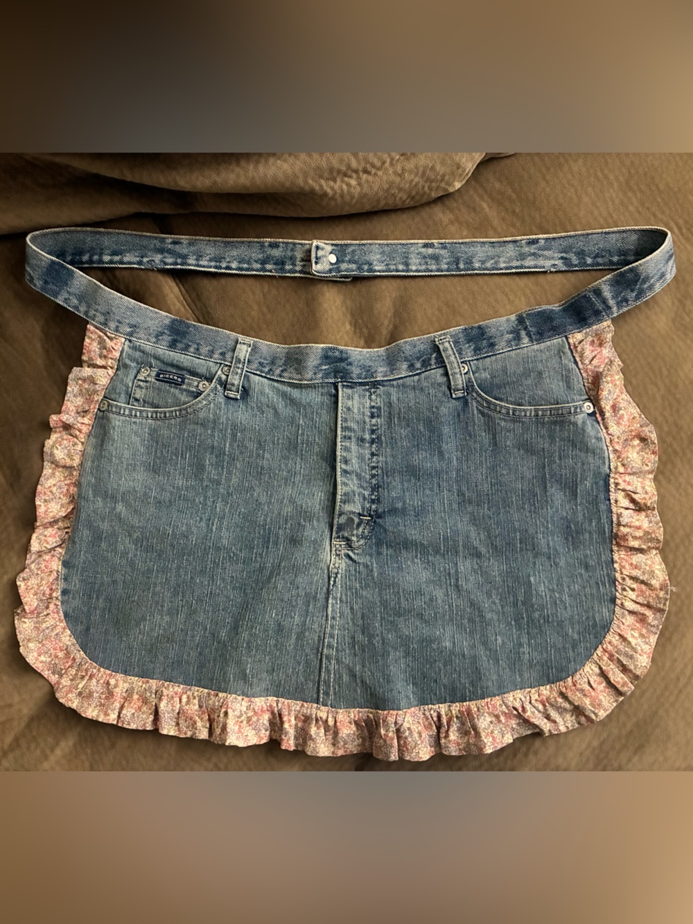 Handmade denim apron blue jean apron with ruffles and functional pockets